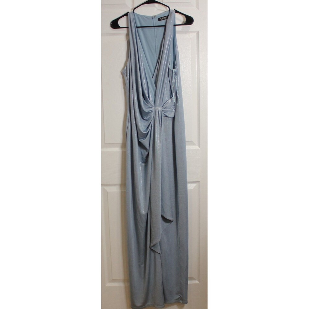 Lauren Ralph Lauren Metallic Gown Dress 16 Blue Twist Front Drape Knot Maxi